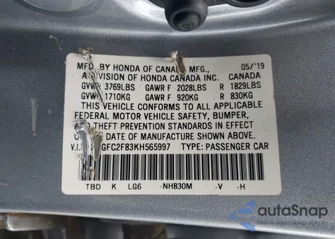 2019 Honda Civic Sport z USA, uszkodzony, nr VIN 2HGFC2F83KH565997